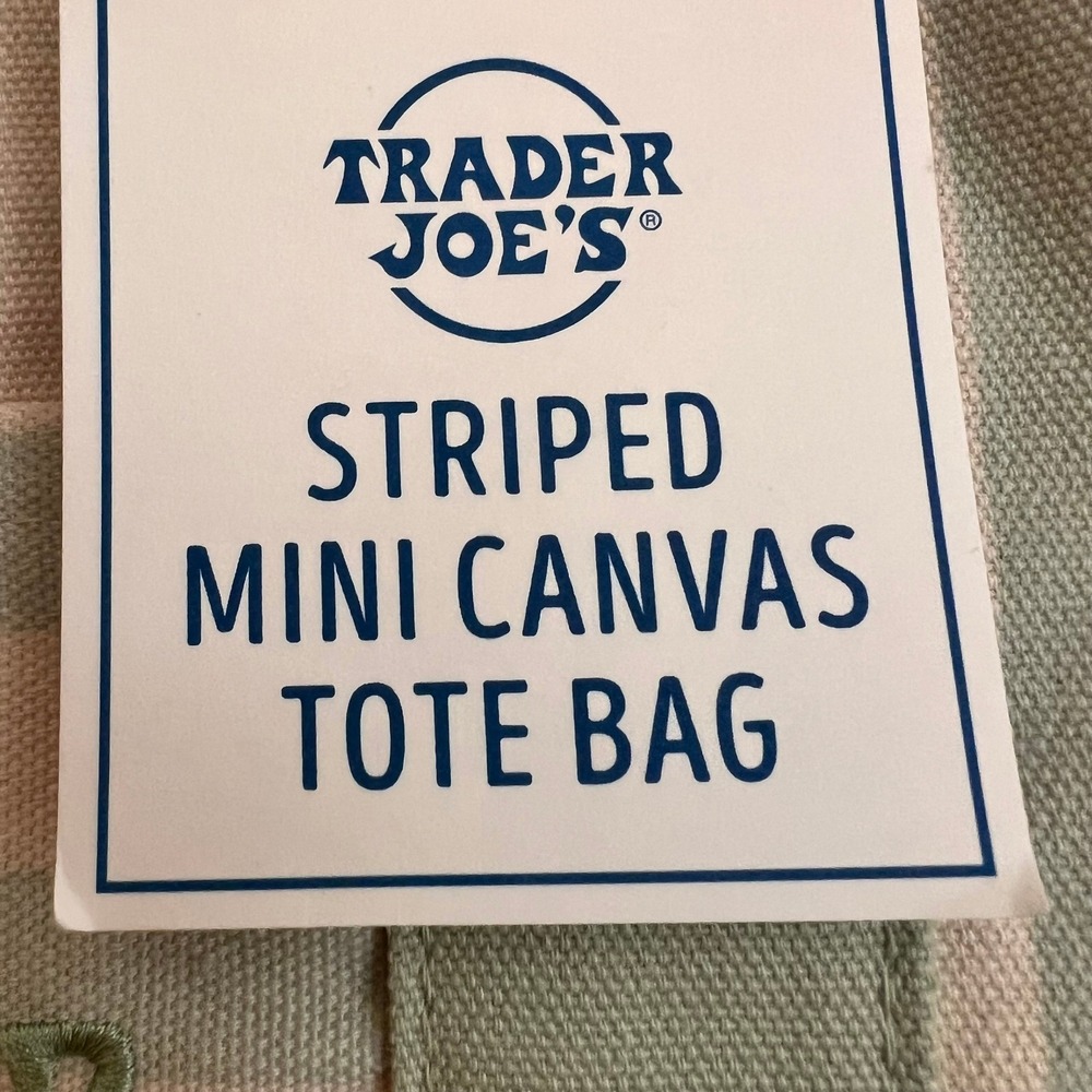 Trader Joe's Striped Mini Canvas Tote Bag Sage Green Cream Limited Edition NEW - Picture 3 of 5